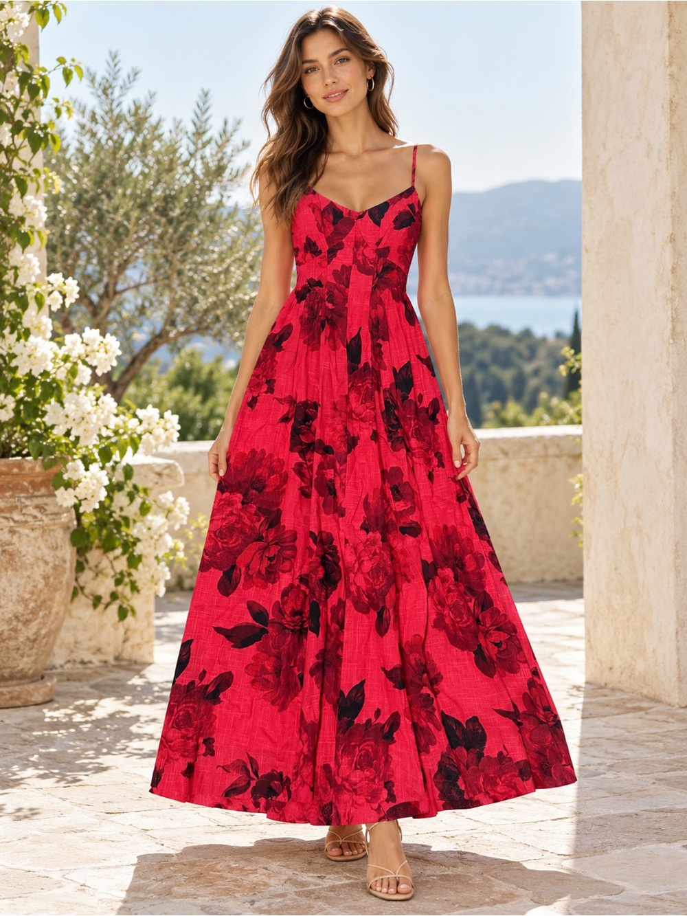 Red Floral Maxi Dress with Spaghetti Straps